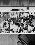 Cute chaotic black-and-white manga mood desk pad 40x20 inches, cozy mischief with crisp ink lines.