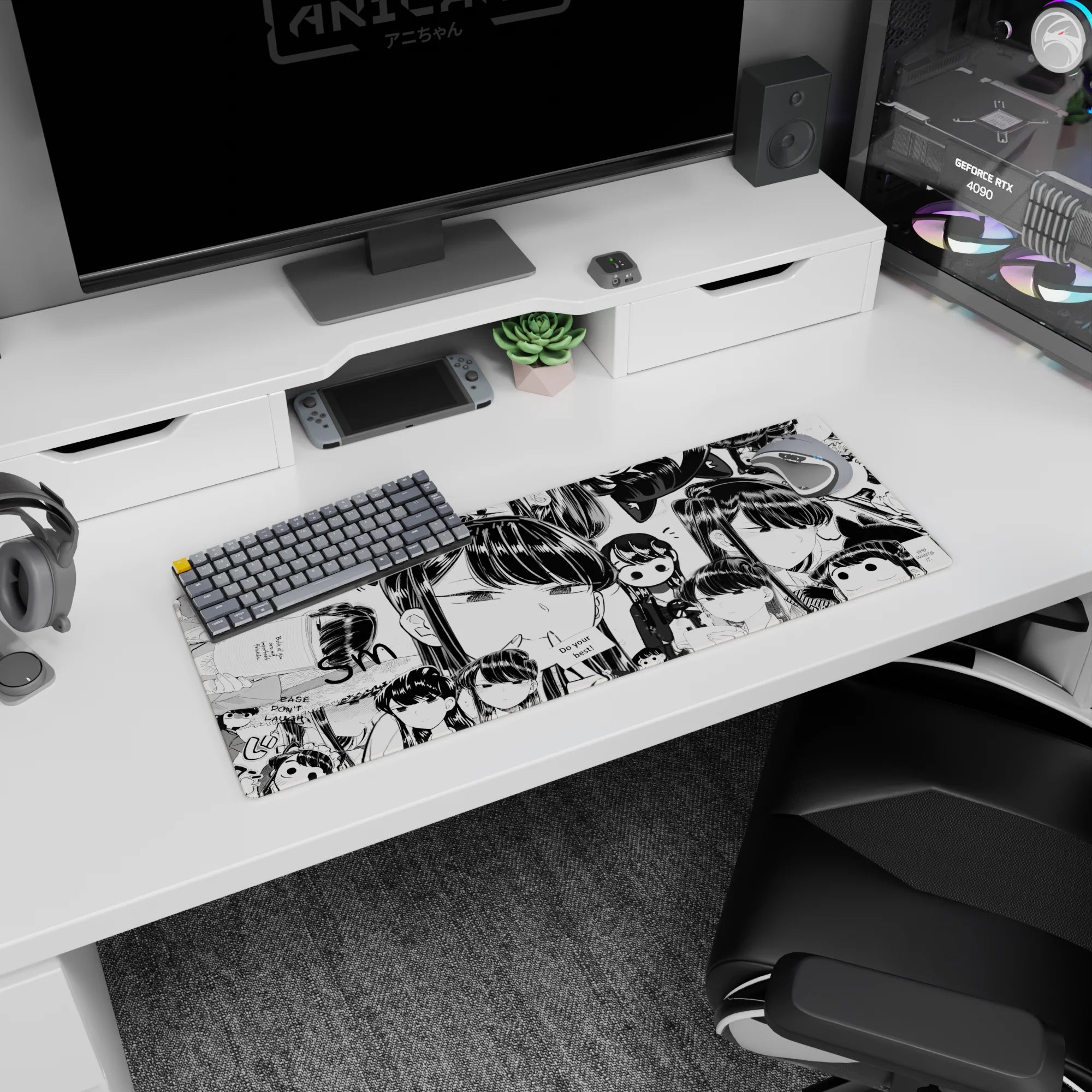Wide-eyed chibi anime girls with sleepy smiles across a black-and-white desk mat mouse pad 32x12 inches.