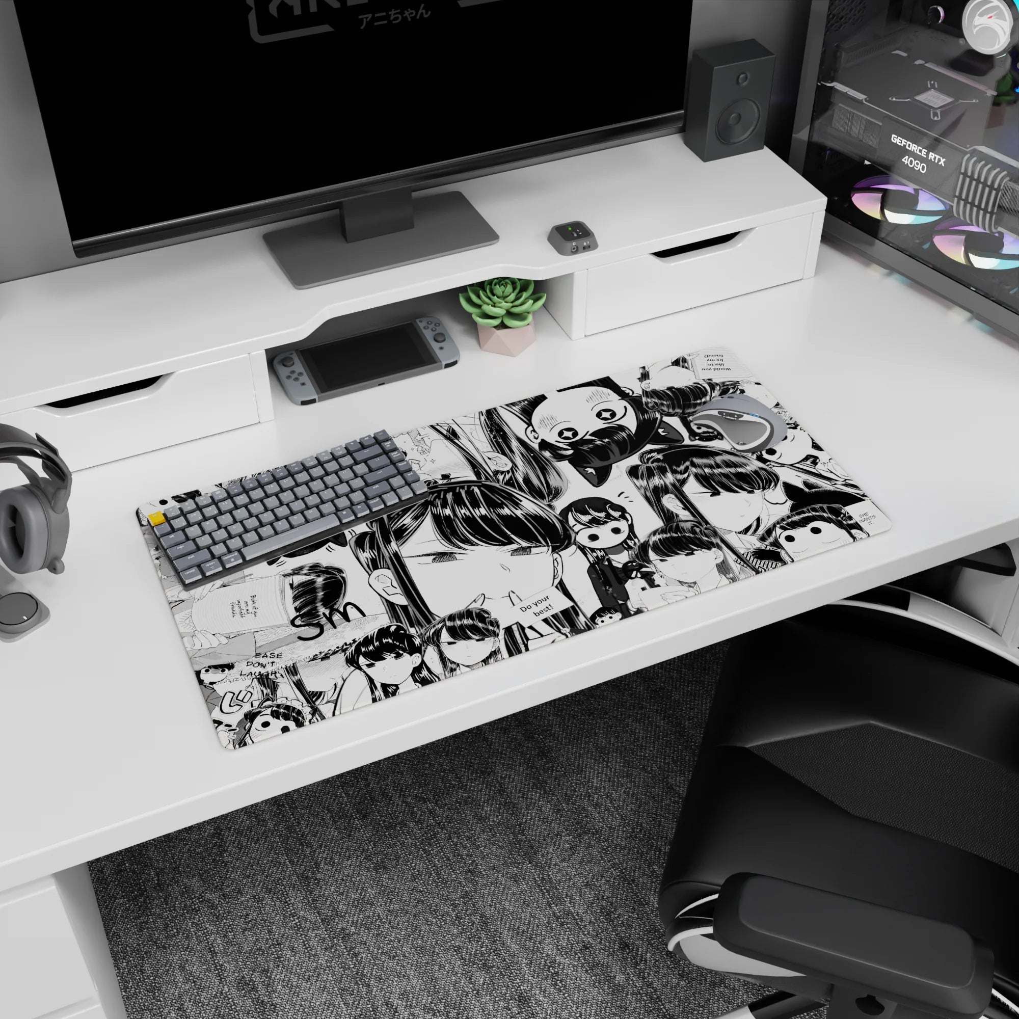32x16 inches anime girl mouse pad showing wide-eyed chibi girls in a repeating manga panel-style scene.