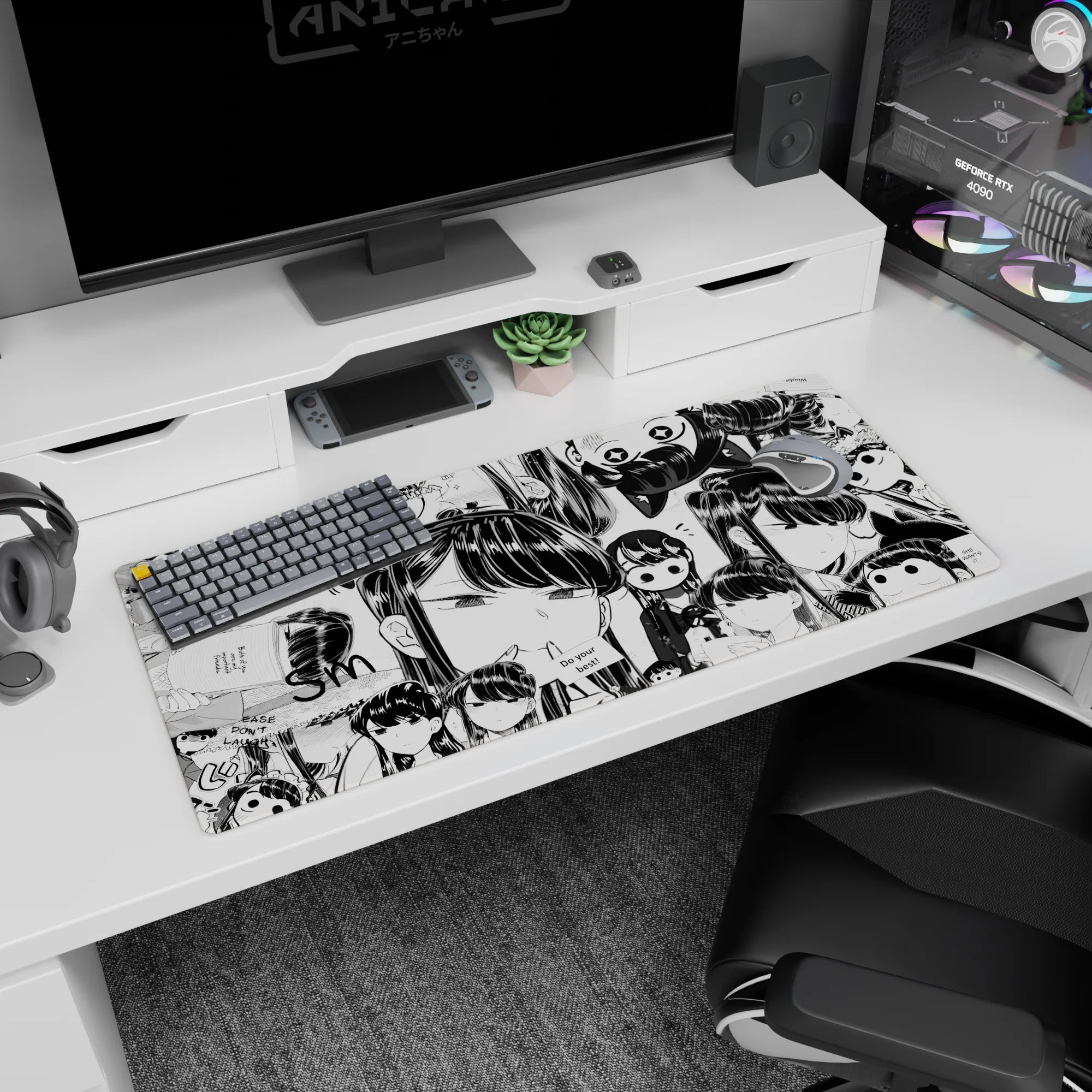 36x16 inches anime girl desk pad showing wide-eyed chibi girls, sleepy smiles, and tiny speech bubbles.