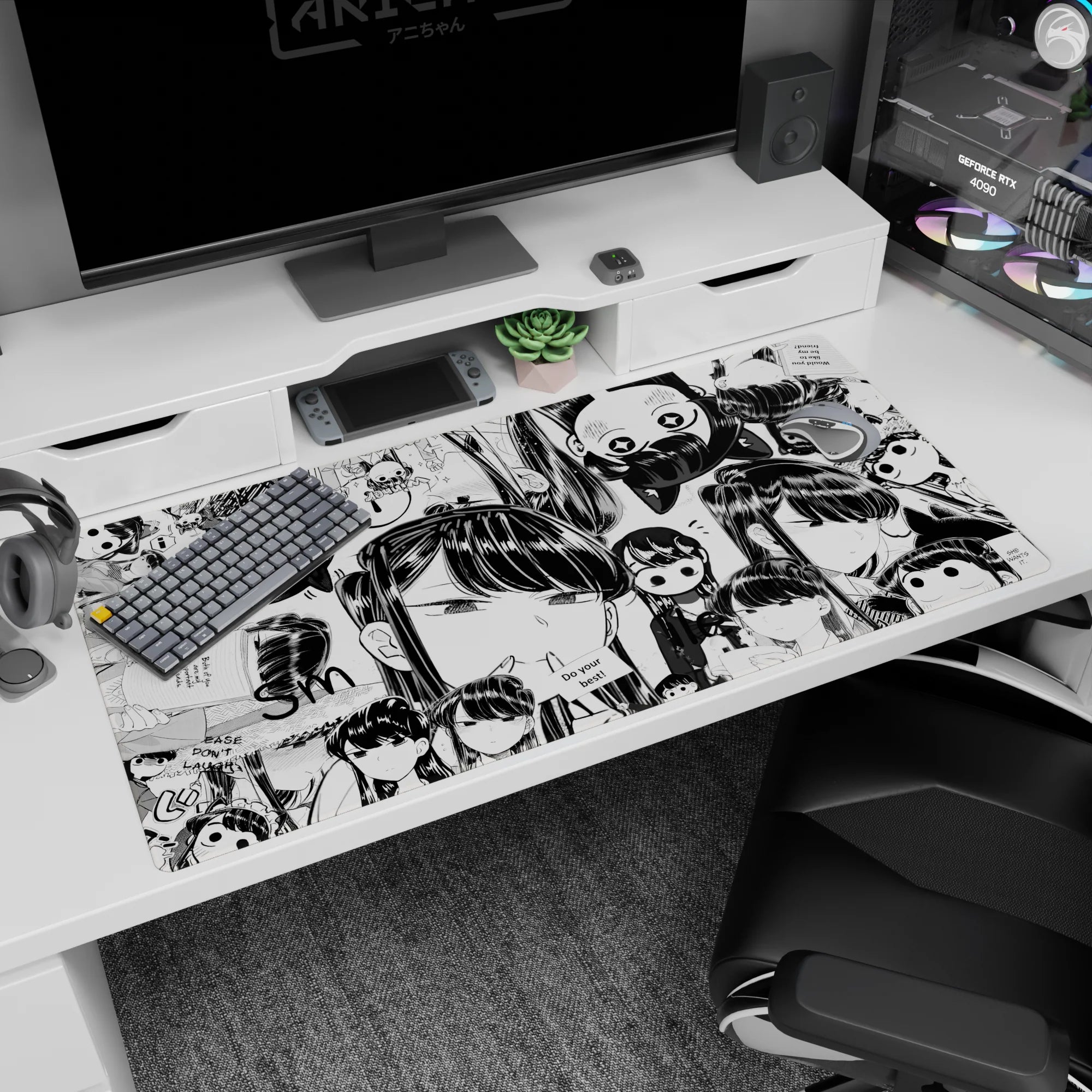 Wide-eyed chibi anime girls and sleepy smiles cover this 40x20 inches desk pad in repeating panels.