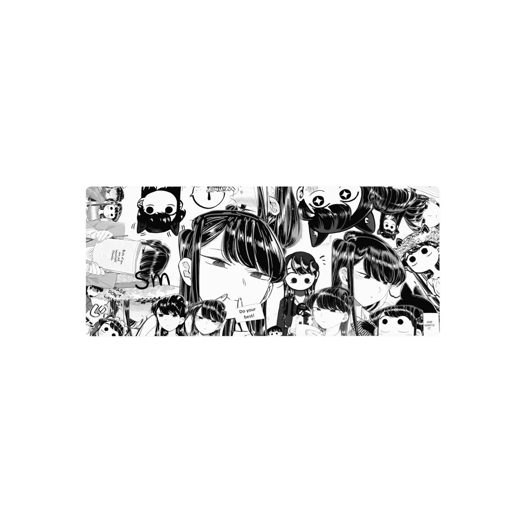 28x12 inches anime girl mouse pad with black-and-white chibi face collage, speech bubbles, manga pattern.