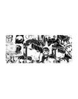 28x12 inches anime girl mouse pad with black-and-white chibi face collage, speech bubbles, manga pattern.