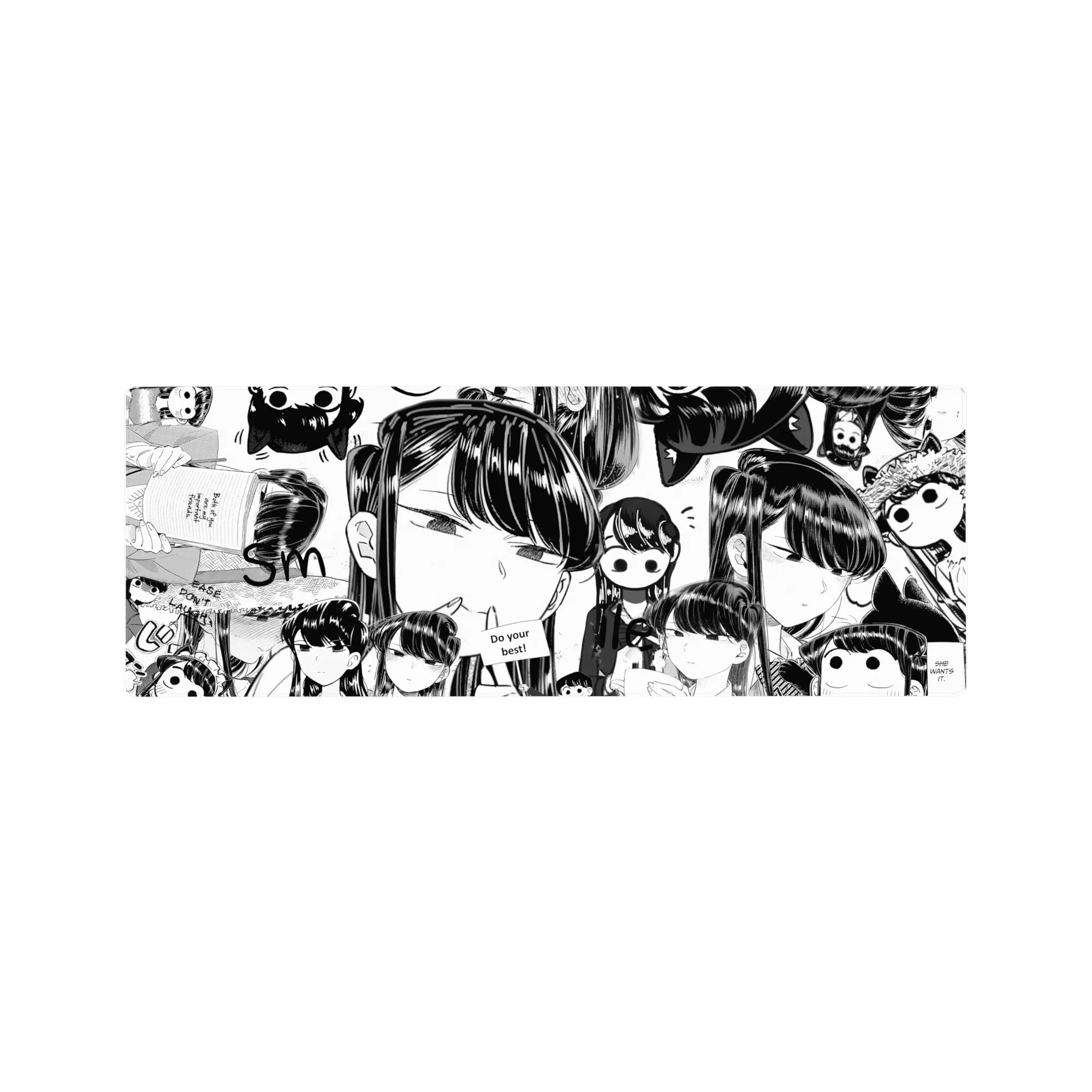 Anime girl mouse pad 32x12 inches with glossy black-and-white chibi face collage and speech bubbles.