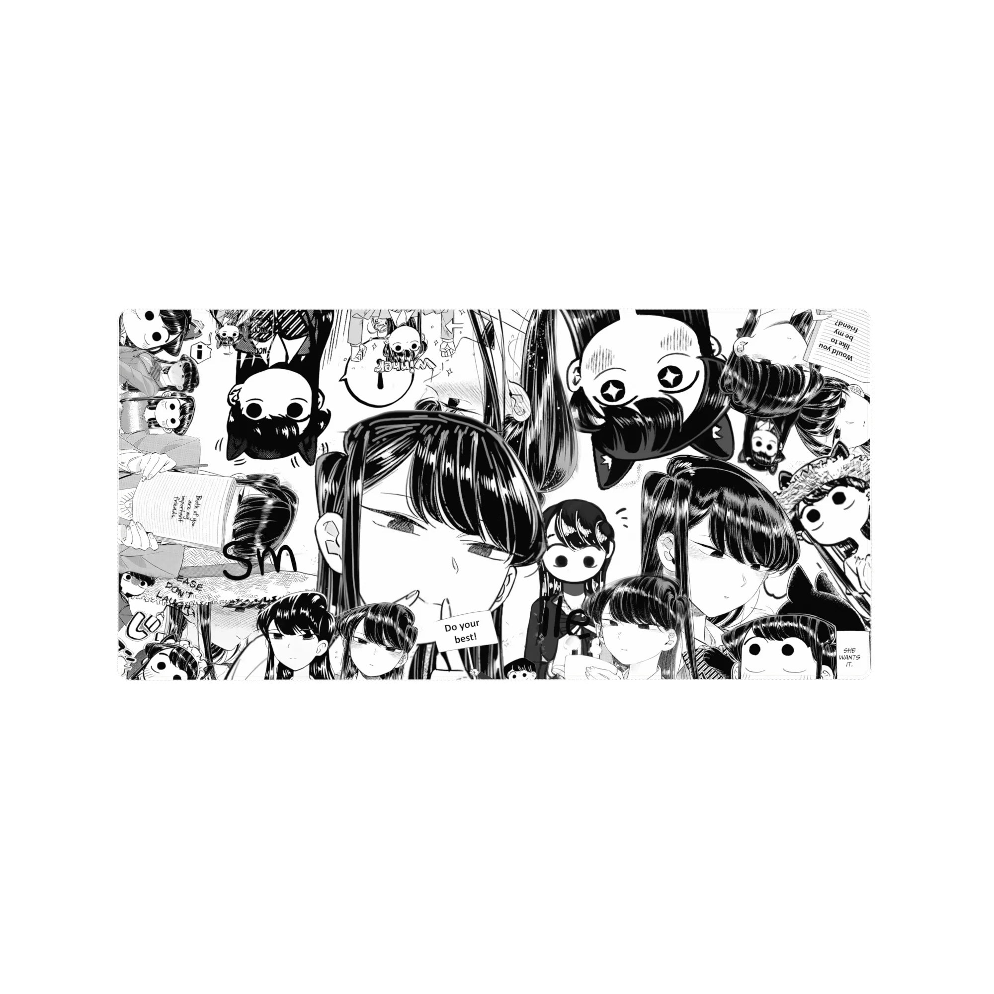 32x16 inches anime girl mouse pad with glossy black-and-white chibi collage, faces and speech bubbles.