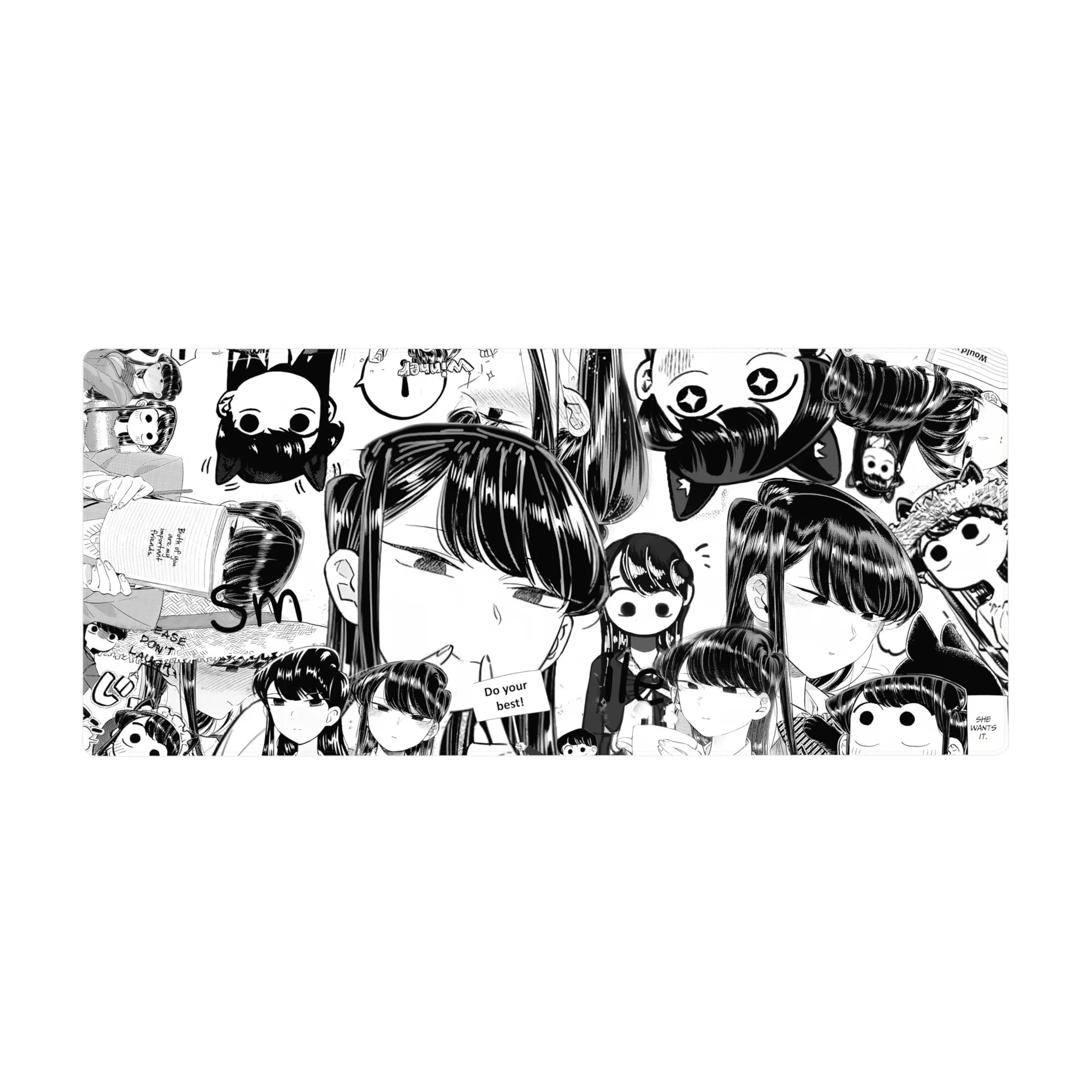 36x16 inches anime girl desk pad with black-and-white chibi face collage, speech bubbles, manga pattern.