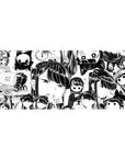 36x16 inches anime girl desk pad with black-and-white chibi face collage, speech bubbles, manga pattern.