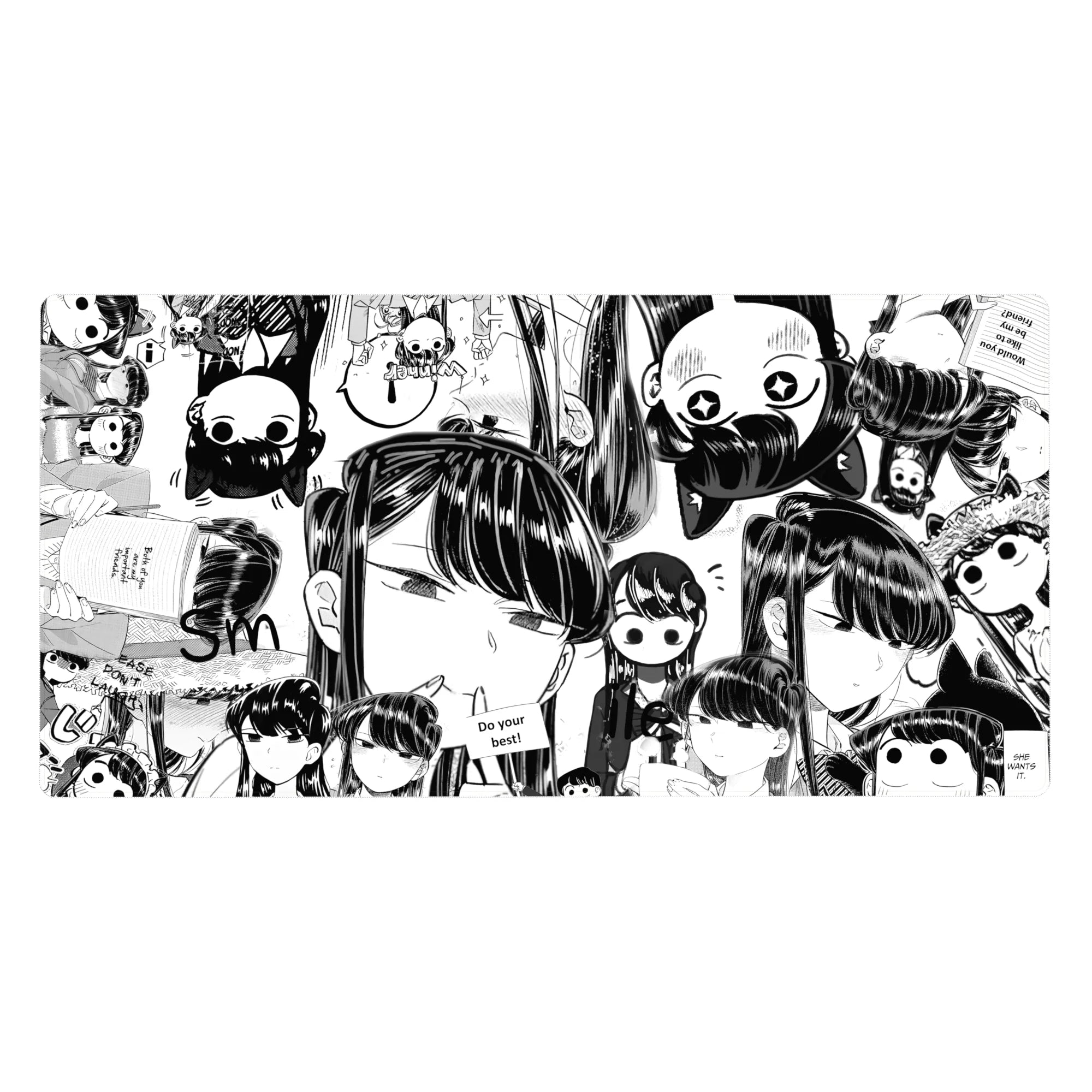 Anime girl desk pad 40x20 inches with glossy black-and-white chibi collage, faces and speech bubbles.