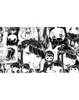 Anime girl desk pad 40x20 inches with glossy black-and-white chibi collage, faces and speech bubbles.