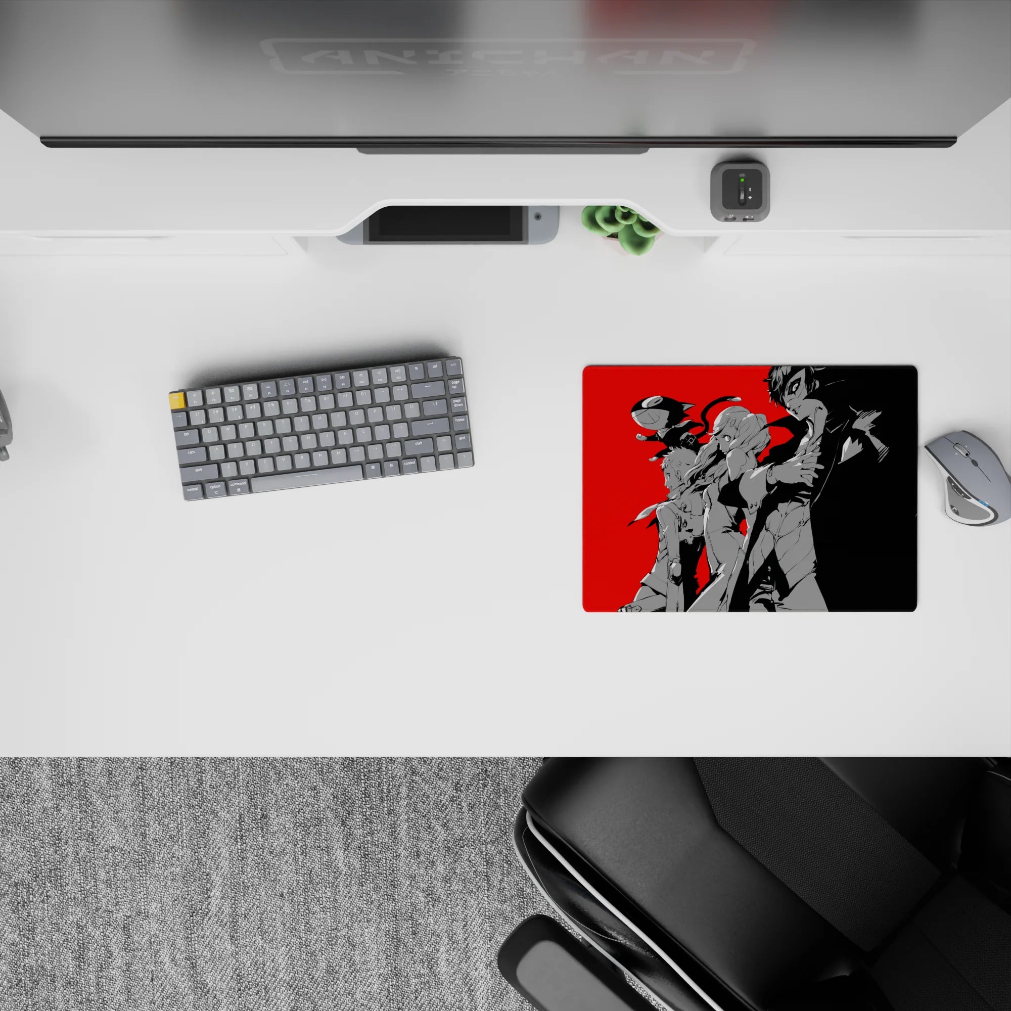 Anime mouse pad featuring Persona 5&#39;s Joker and Morgana, 14x10 inches, with bold red, black, and grey contrasts.