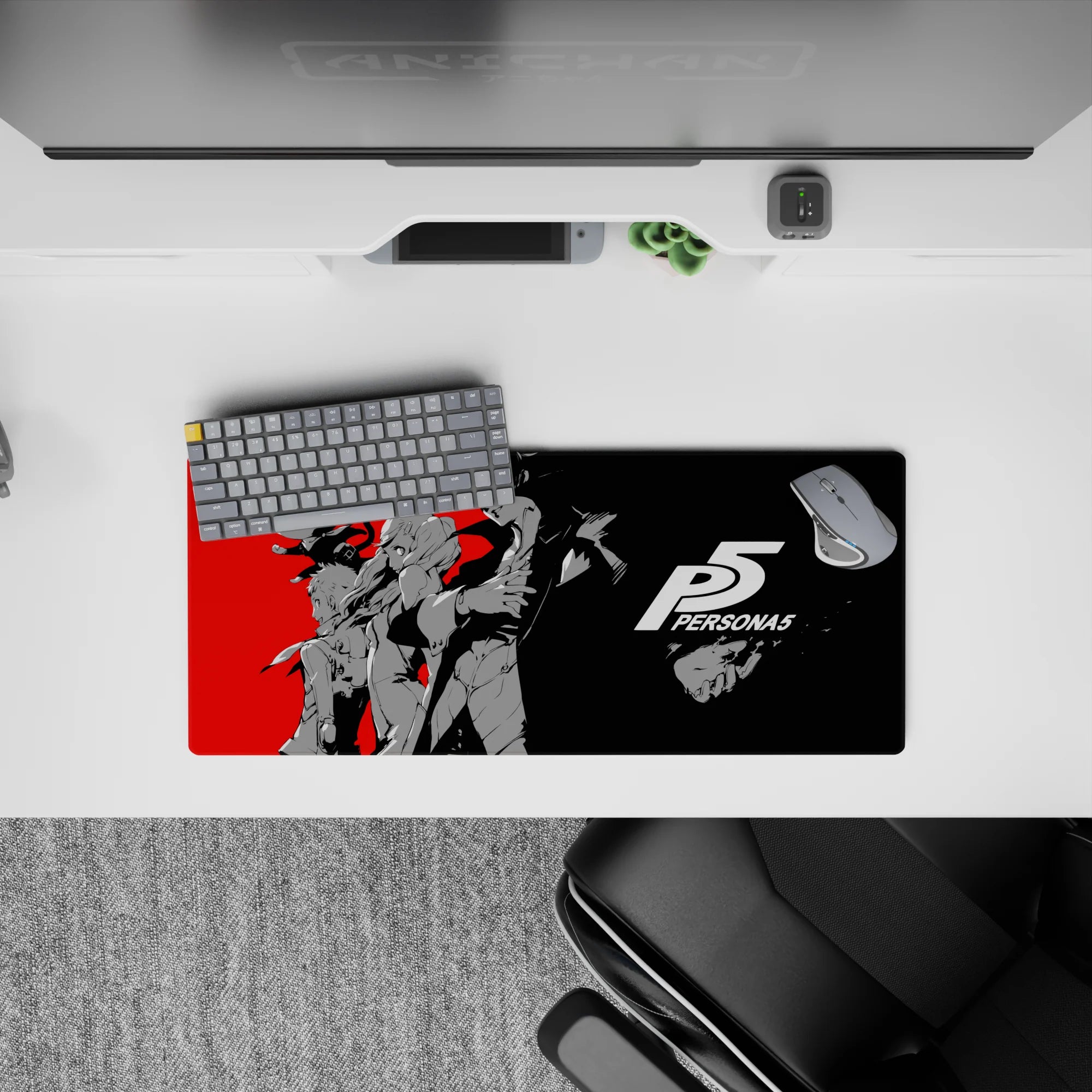 Anime mouse pad featuring Persona 5 characters Joker and Morgana in dynamic style, 28x12 inches, perfect for fans.
