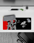 Anime mouse pad featuring Persona 5 characters Joker and Morgana in dynamic style, 28x12 inches, perfect for fans.