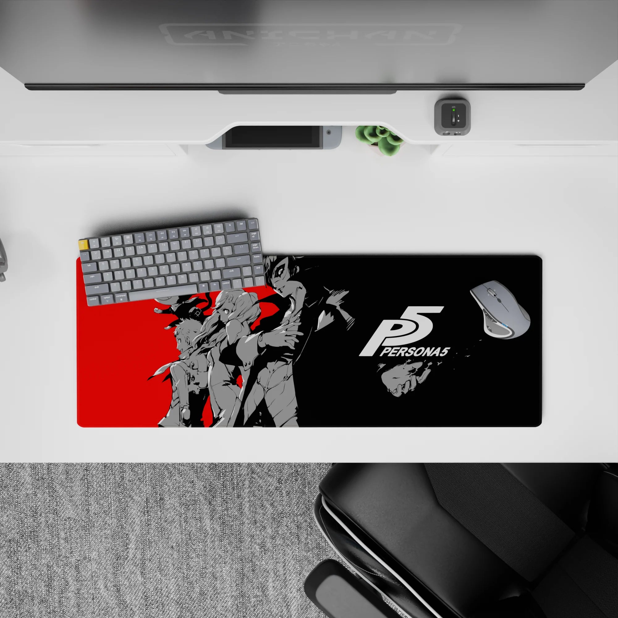 Anime mouse pad 32x12 inches featuring Persona 5&#39;s Joker and Morgana in dynamic red, black, and grey design.