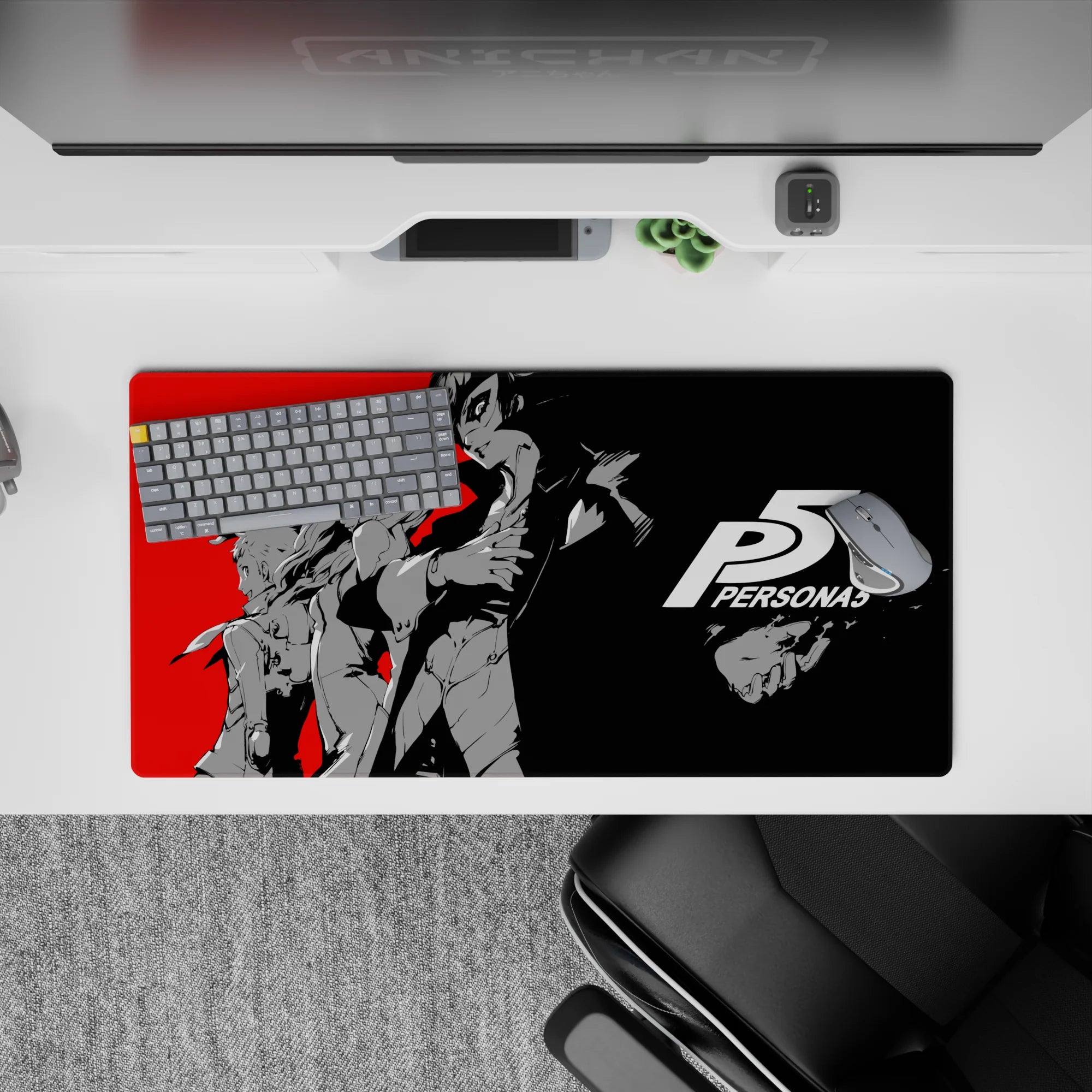 Anime mouse pad 32x16 inches featuring Persona 5&#39;s Joker and Morgana, showcasing bold red, black, and grey design.