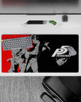 Anime mouse pad 32x16 inches featuring Persona 5's Joker and Morgana, showcasing bold red, black, and grey design.