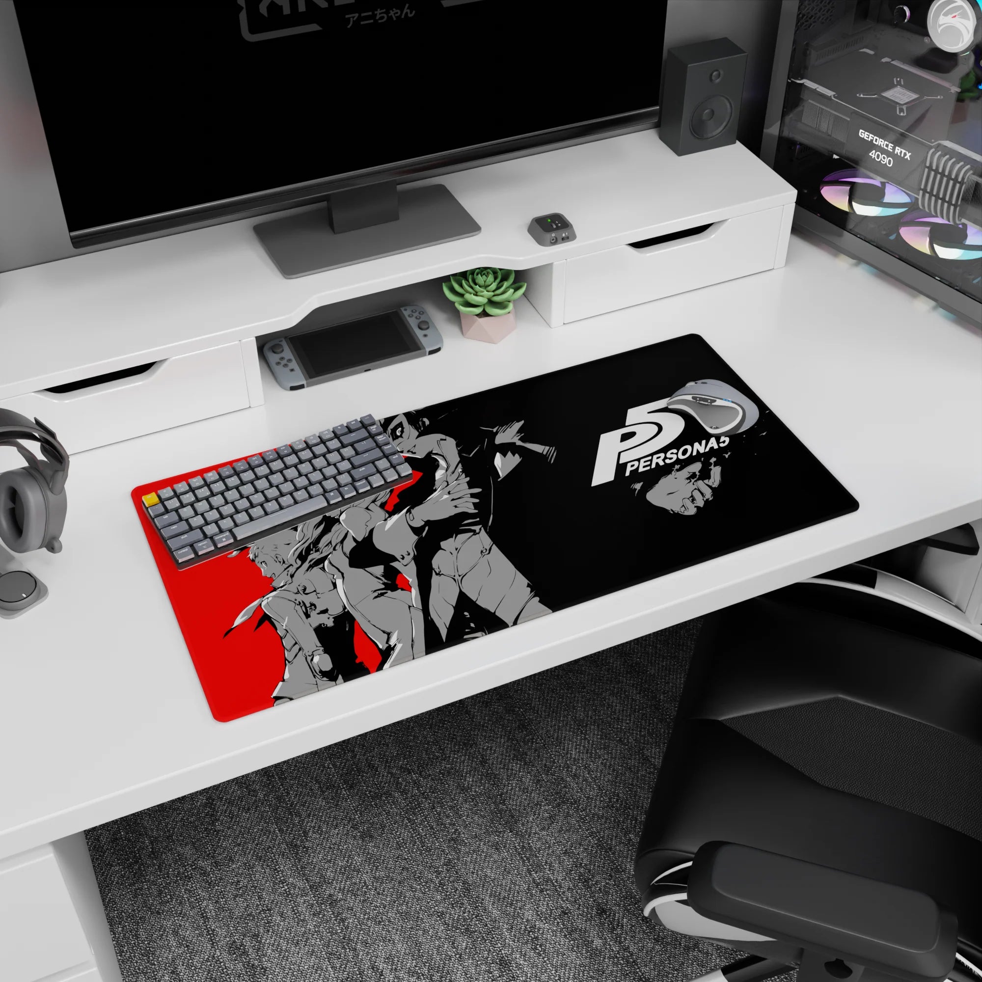 Anime mouse pad 32x16 inches featuring Persona 5&#39;s Joker and Morgana in dynamic red, black, and grey design.