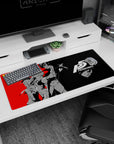Anime mouse pad 36x16 inches featuring Persona 5's Joker and Morgana in vibrant red, black, and grey colors.
