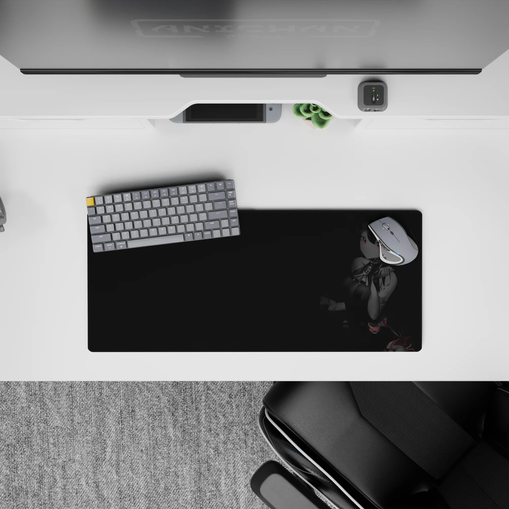 Charcoal-toned anime girl mouse pad 28x12 inches with moody late-night vibe and tiny red candy accents.