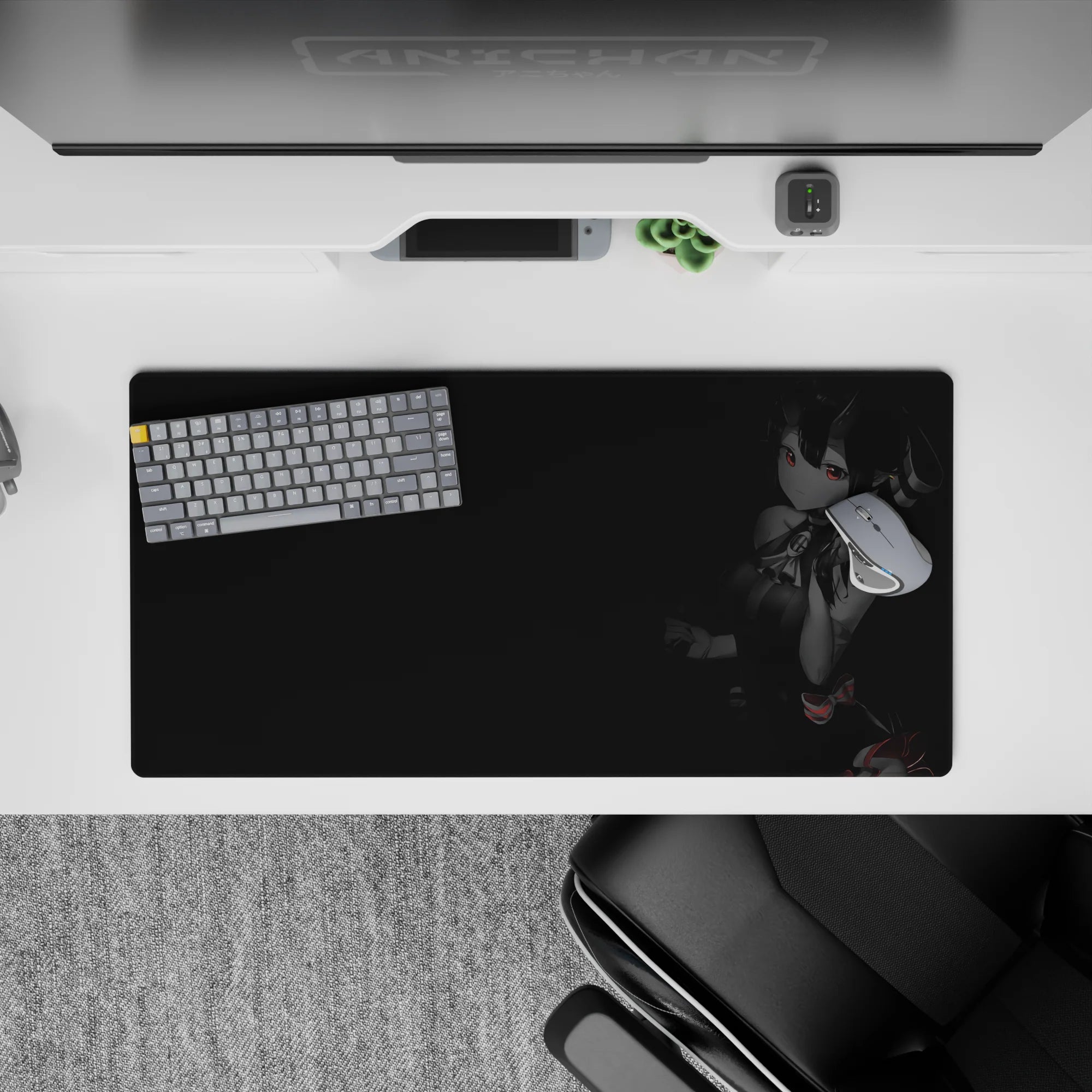 Charcoal-toned anime girl mouse pad 32x16 inches with moody late-night vibe and tiny red accents.