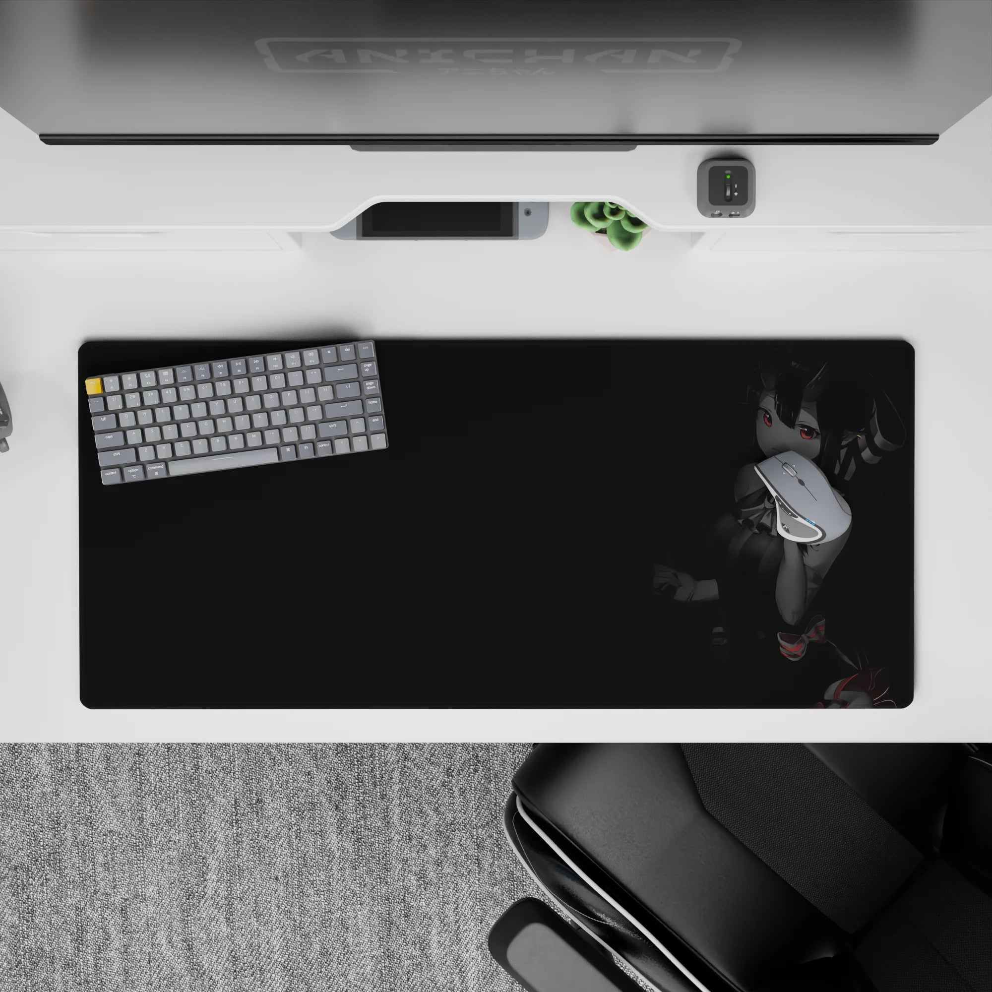 Moody charcoal anime desk pad 36x16 inches with tiny red candy accents and late-night dark aesthetic.