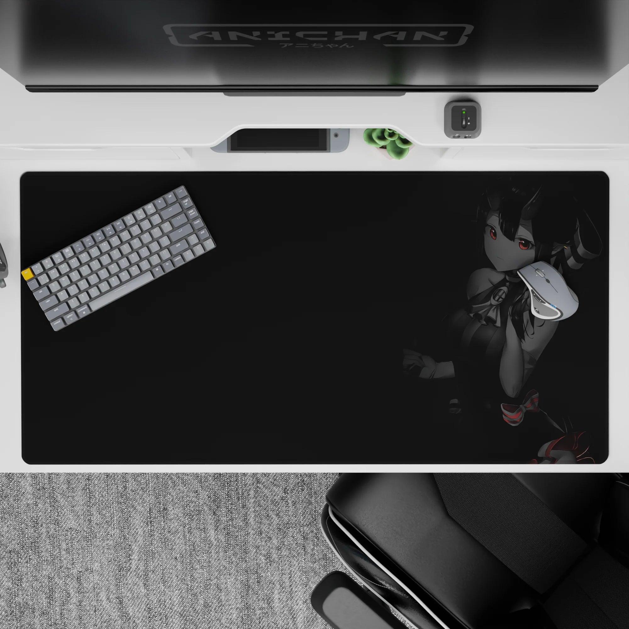 Charcoal-toned anime desk pad 40x20 inches with moody late-night vibe and tiny red candy accents.