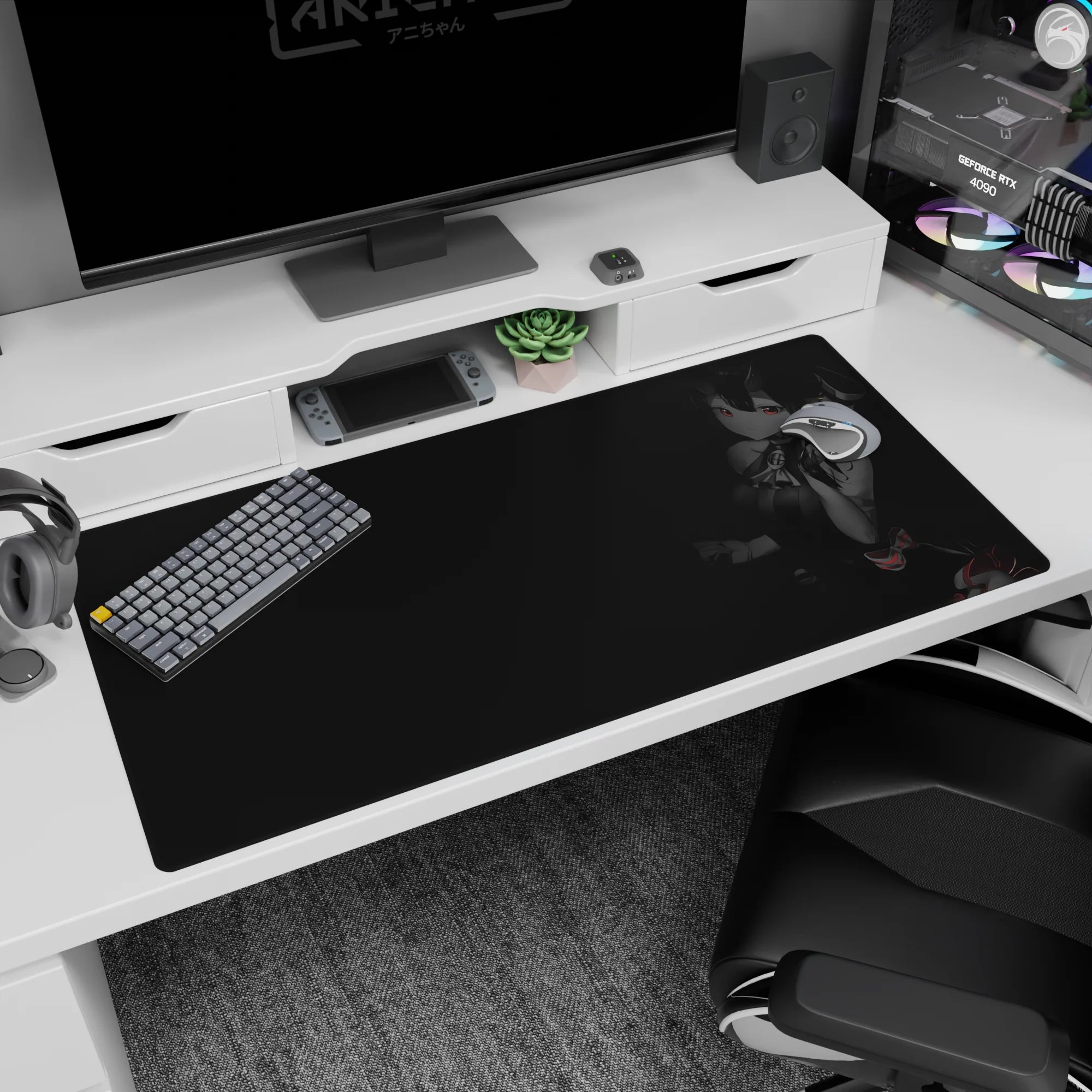 Mysterious horned anime girl with sly smile on a 40x20 inches desk pad, soft shadows and highlights.