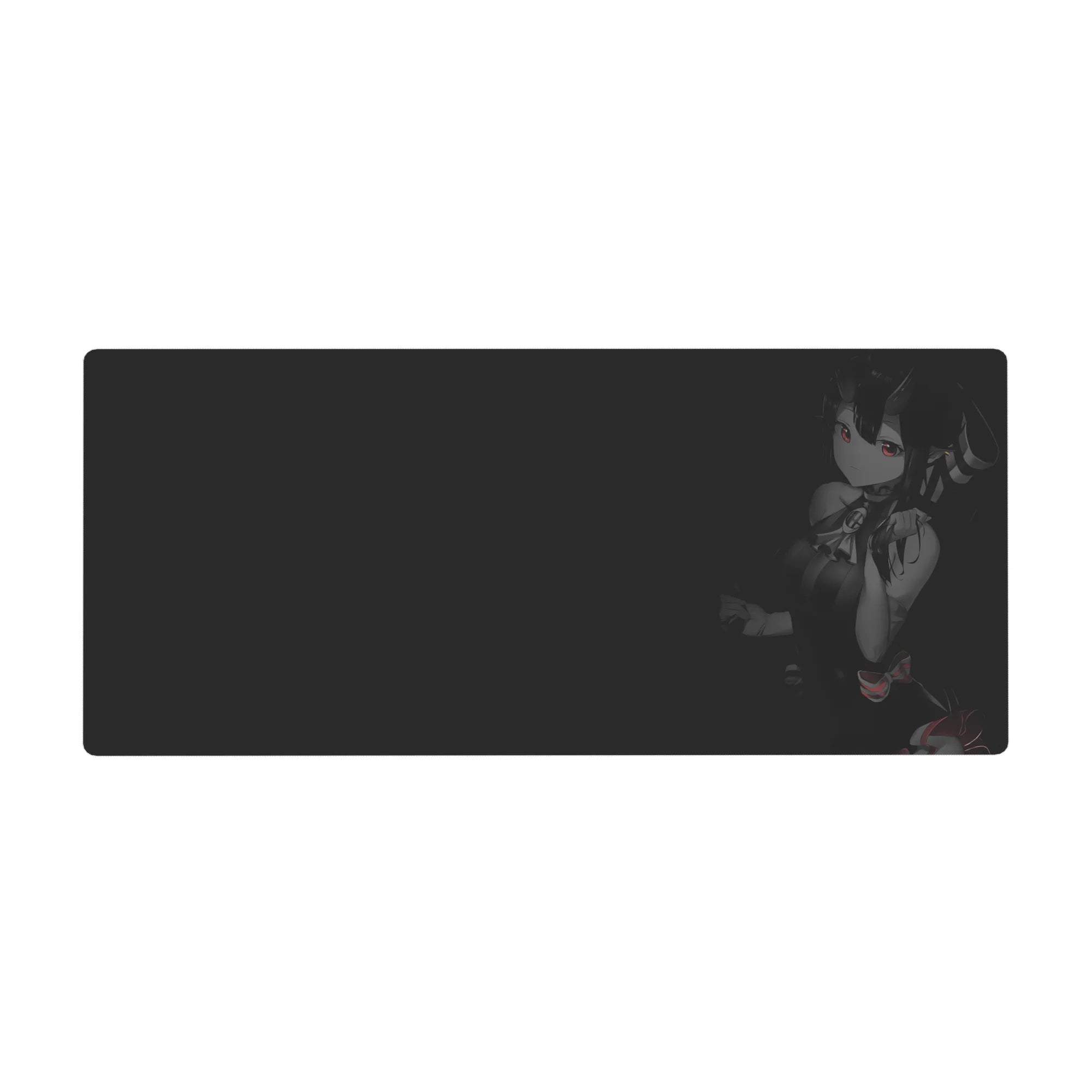 Anime girl desk pad 36x16 inches with horned character, glossy eyes, and clean dark gradient background.