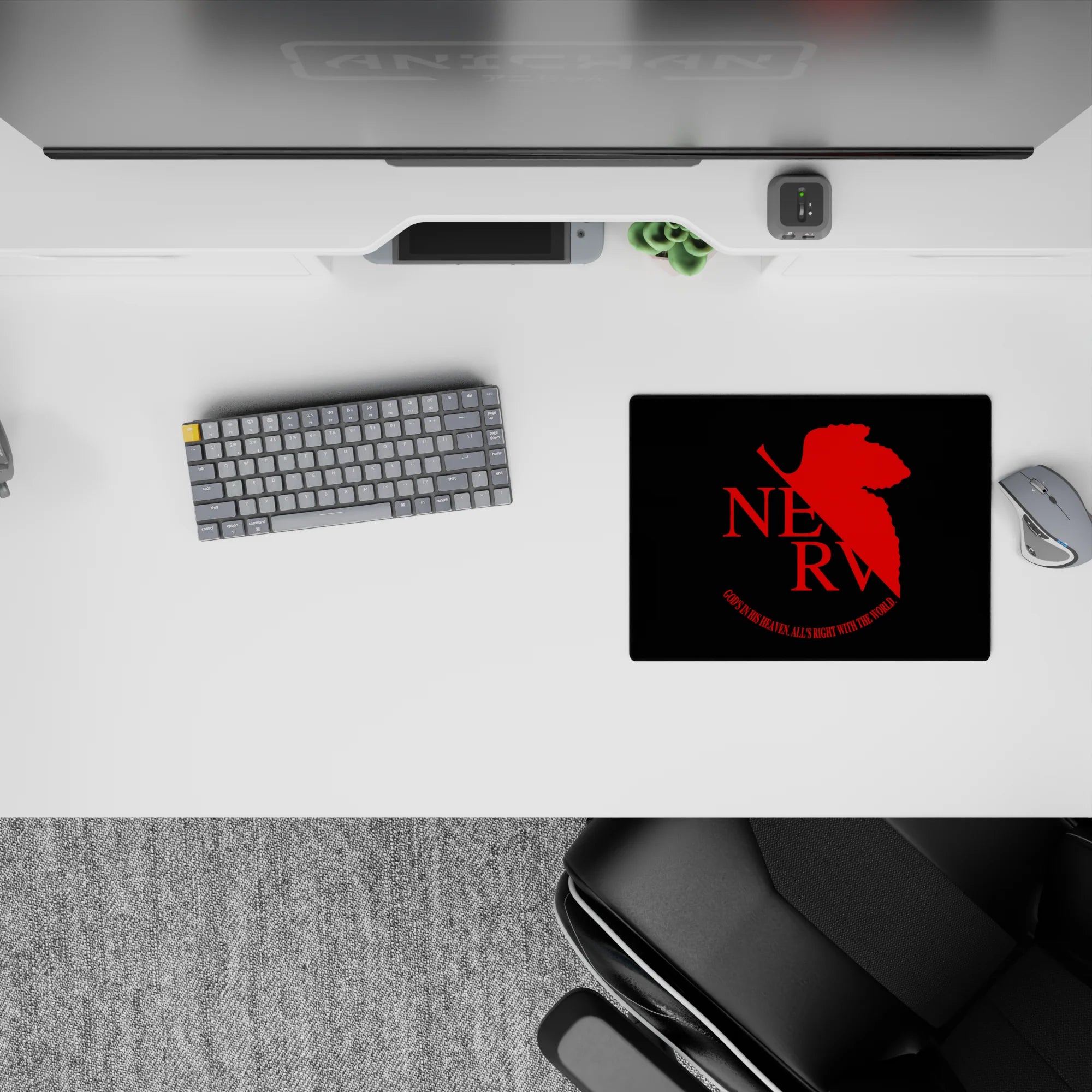 Anime mouse pad featuring NERV insignia from Neon Genesis Evangelion, 14x10 inches, with phrase &quot;God’s in His Heaven.&quot;