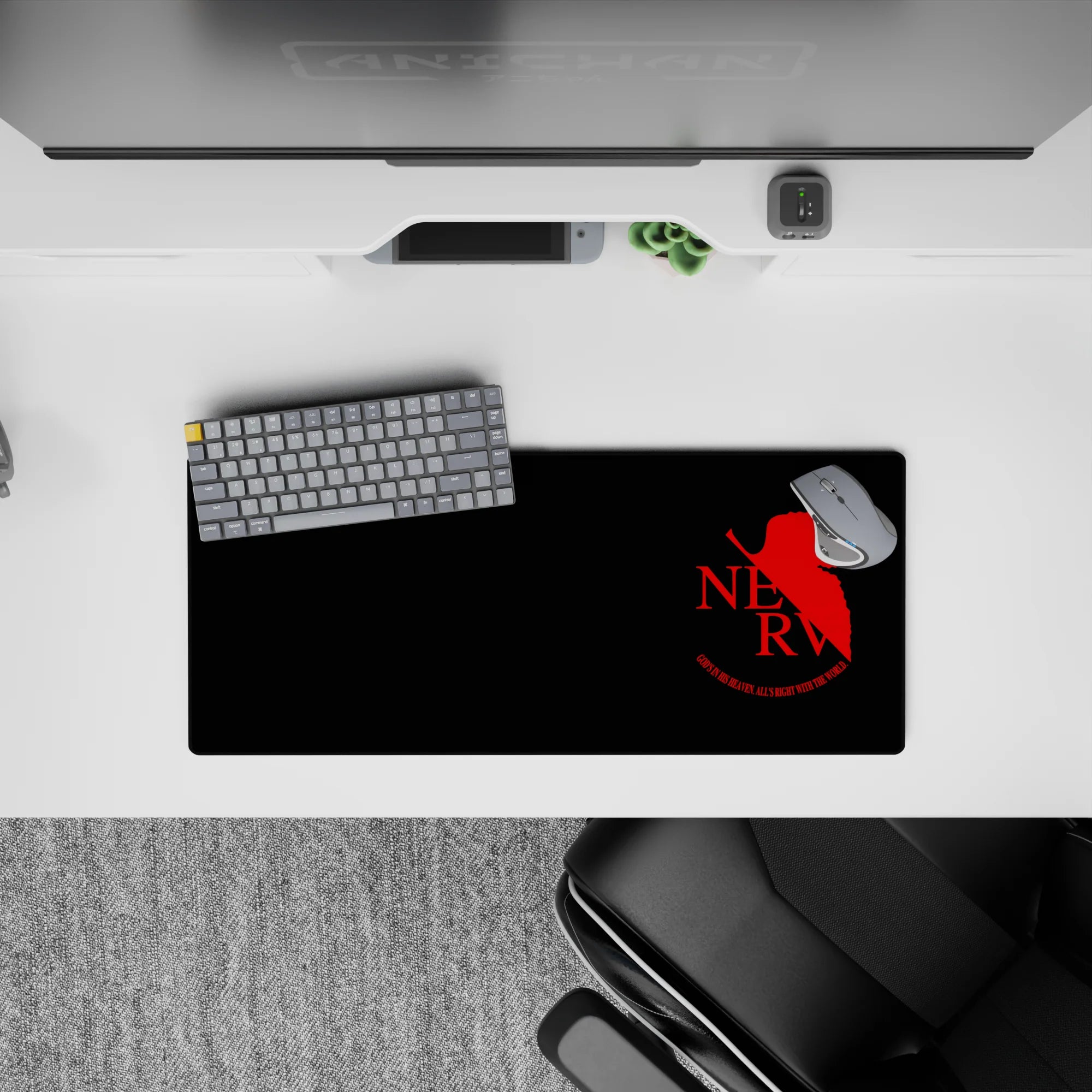 Evangelion-inspired NERV insignia mouse pad, size 28x12 inches, featuring crimson red on matte black with iconic phrase.
