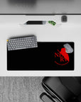Evangelion-inspired NERV insignia mouse pad, size 28x12 inches, featuring crimson red on matte black with iconic phrase.