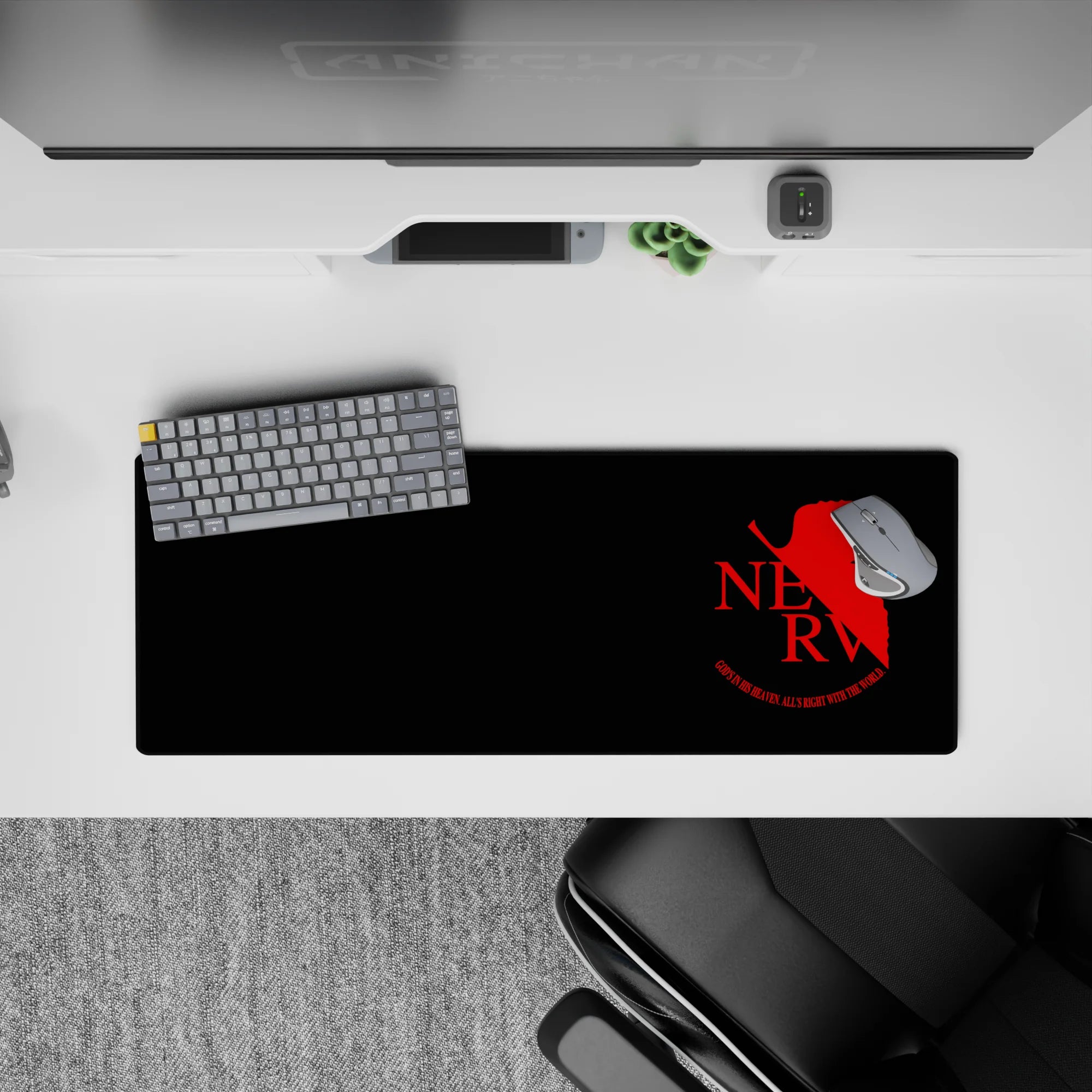 Evangelion mouse pad 32x12 inches featuring NERV logo in red on black, with the phrase &quot;God’s in His Heaven, All’s Right.&quot;