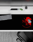 Evangelion NERV desk pad, 36x16 inches, featuring iconic crimson logo on matte black with "God’s in His Heaven" quote.