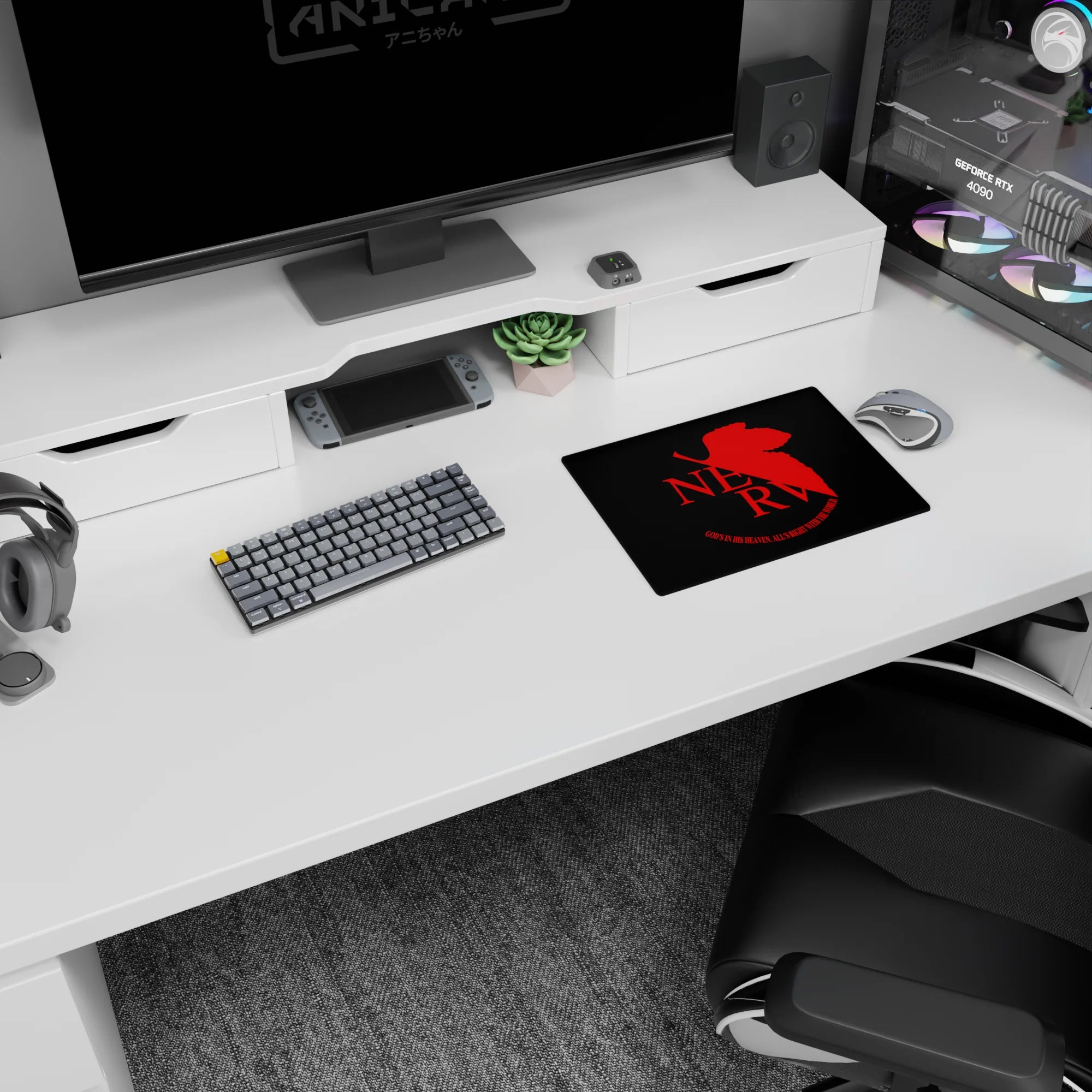 Evangelion anime mouse pad featuring NERV logo and quote &quot;God&#39;s in His Heaven,&quot; 14x10 inches, bold red on black design.