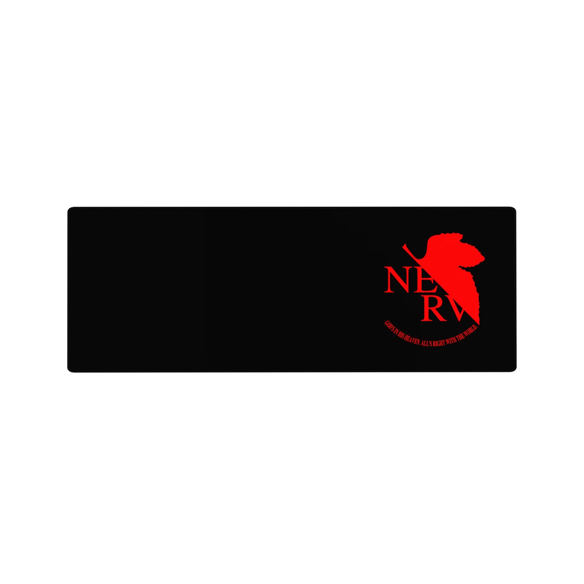 Evangelion mouse pad 32x12 inches featuring NERV logo in red on black with the phrase “God’s in His Heaven, All’s Right with the World.”