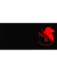 Evangelion NERV desk pad, 36x16 inches, featuring crimson NERV logo on matte black with the phrase “God's in His Heaven”
