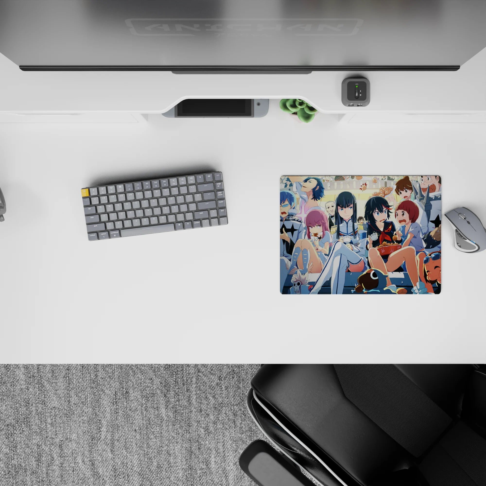 Neon-bright 14x10 inches anime mouse pad in blues, creams, and candy reds, cozy chaotic party vibe.