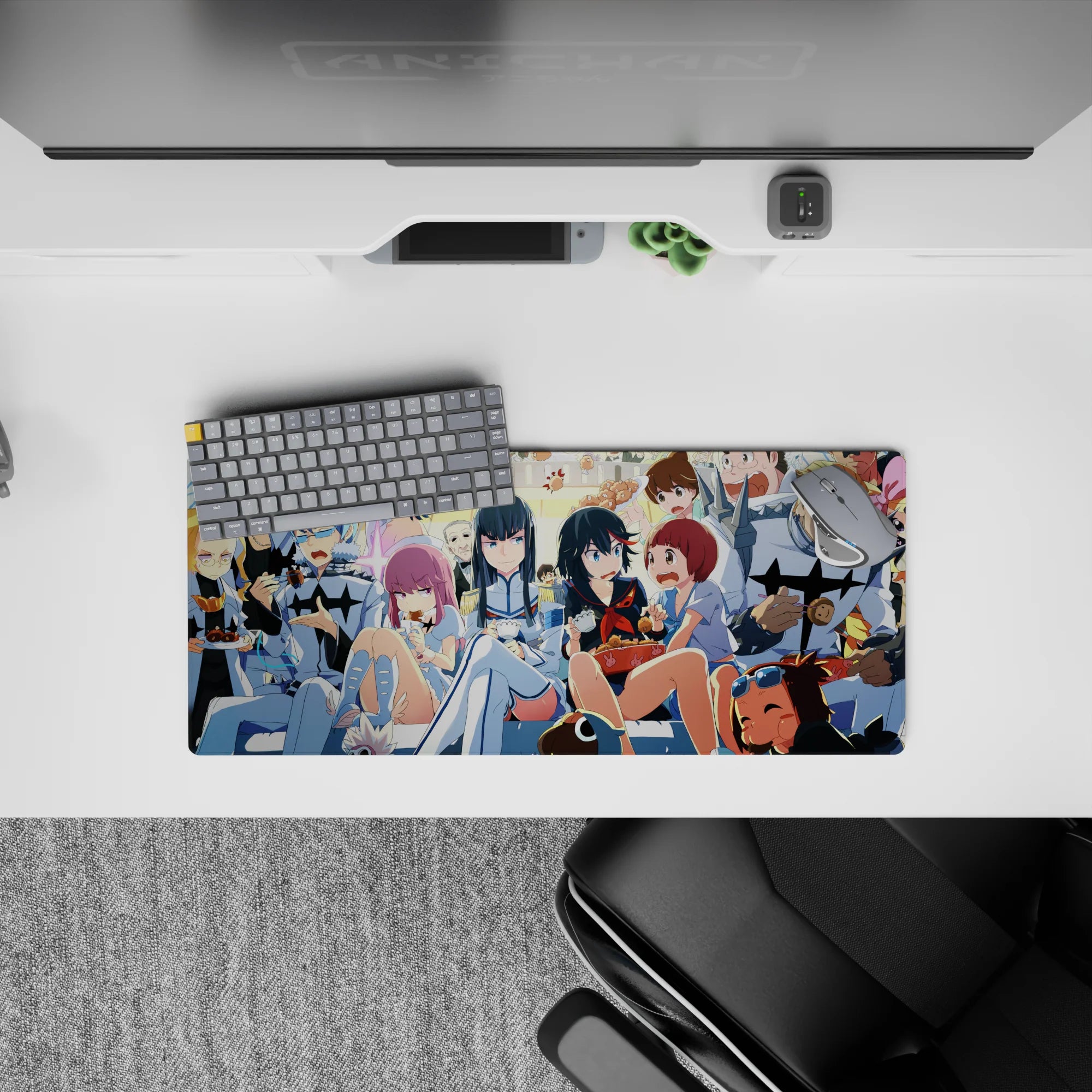 28x12 inches neon anime desk mat in blues, creams, and candy reds with cozy chaotic snack-time vibes.