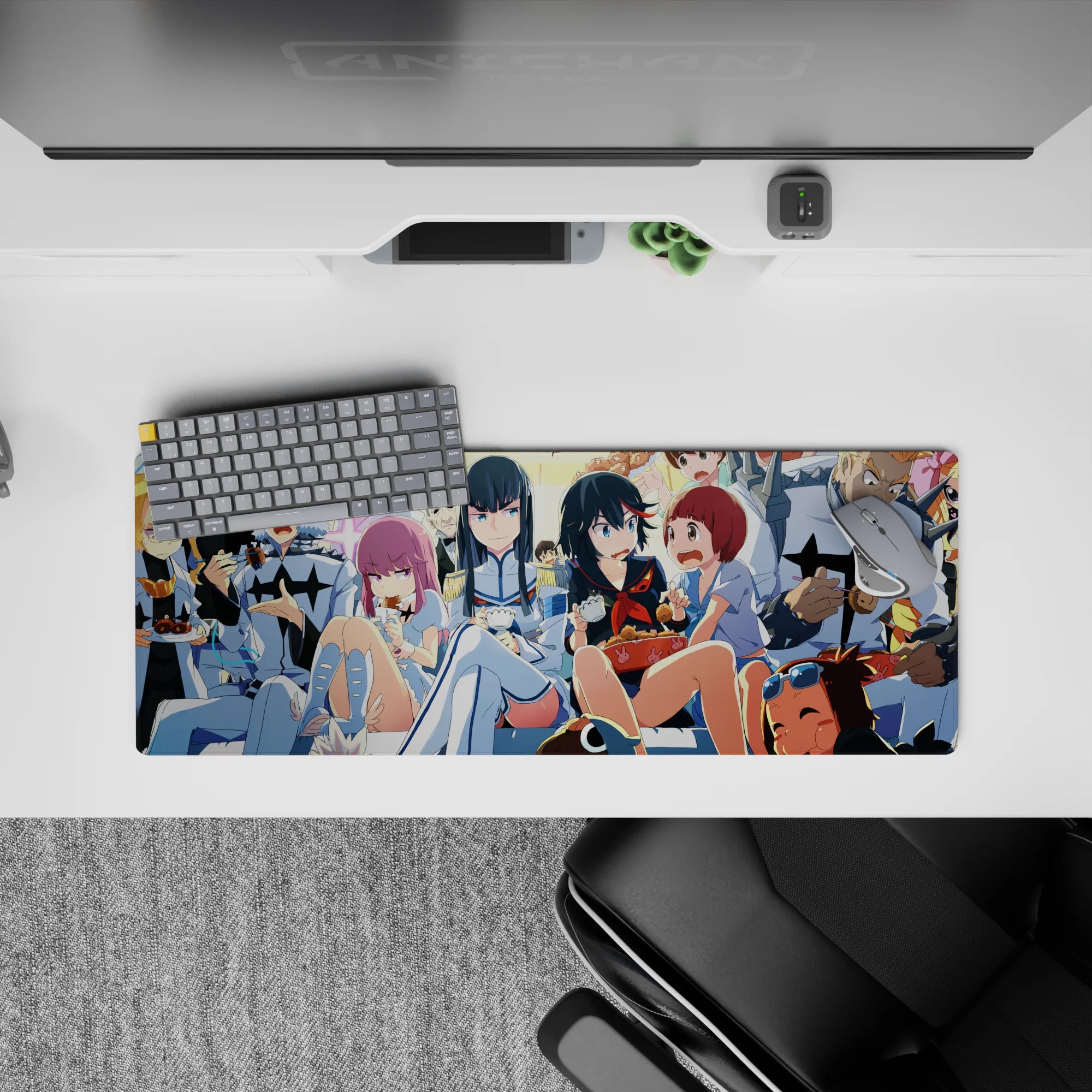 32x12 inches neon-bright anime desk mat in blues, creams, and candy reds, cozy chaotic party vibe.