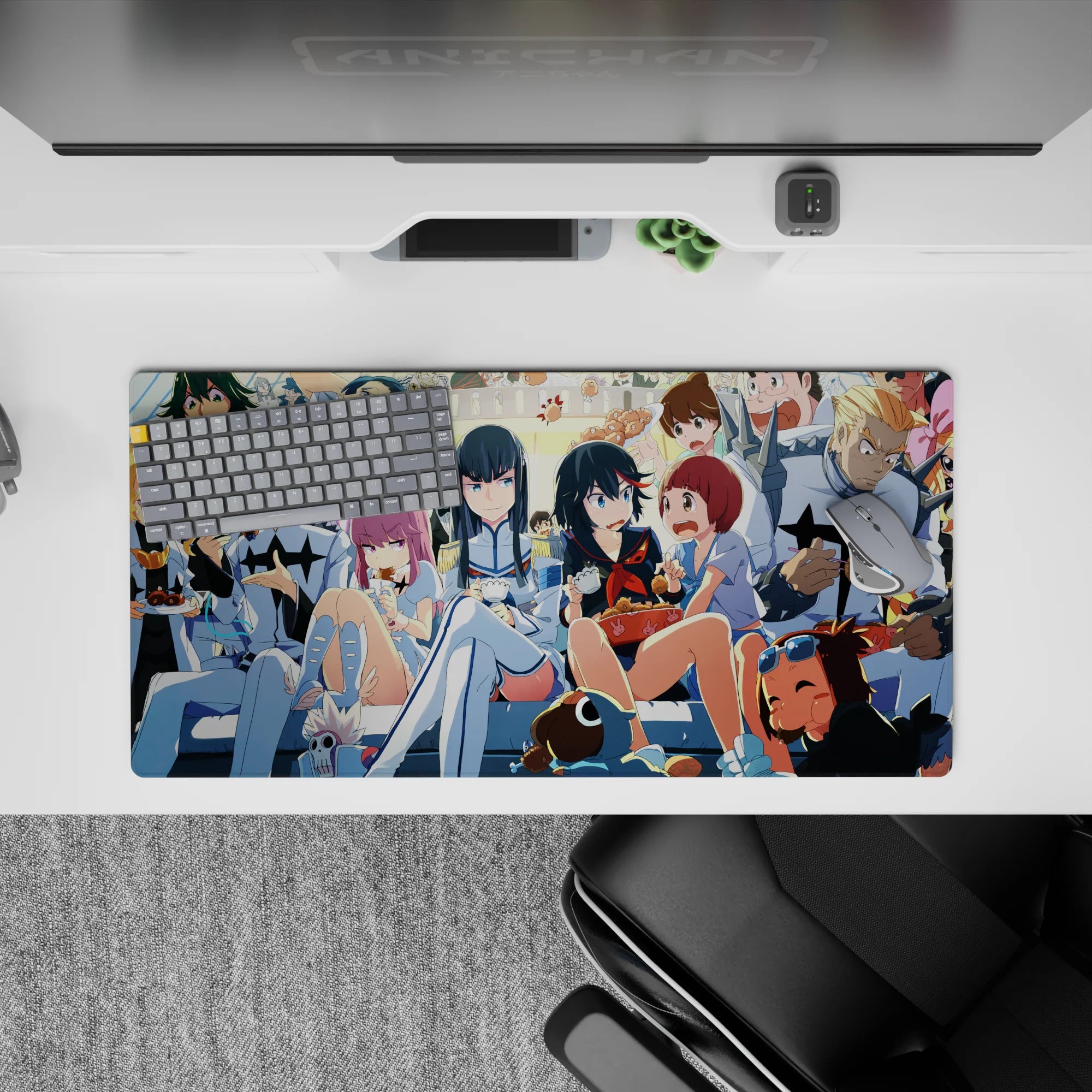 32x16 inches neon-bright anime desk mat in blues, creams, and candy reds with cozy chaotic party vibes.