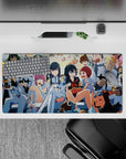 32x16 inches neon-bright anime desk mat in blues, creams, and candy reds with cozy chaotic party vibes.