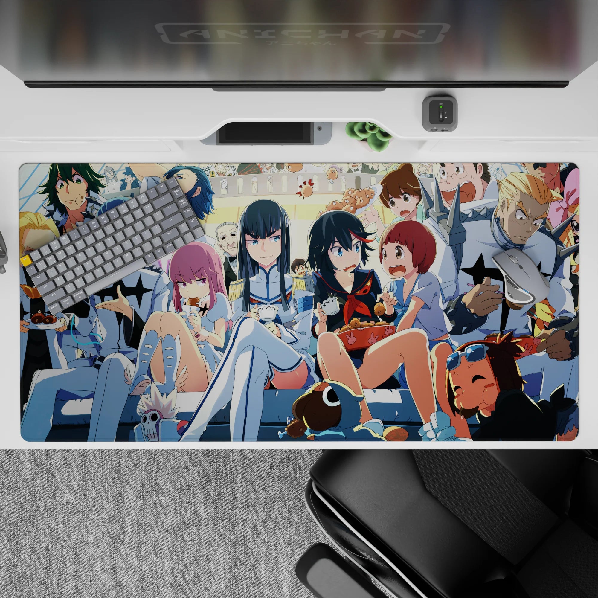 Neon-bright anime girl desk pad 40x20 inches in blues, creams, and candy reds, cozy chaotic vibe.