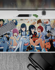 Neon-bright anime girl desk pad 40x20 inches in blues, creams, and candy reds, cozy chaotic vibe.
