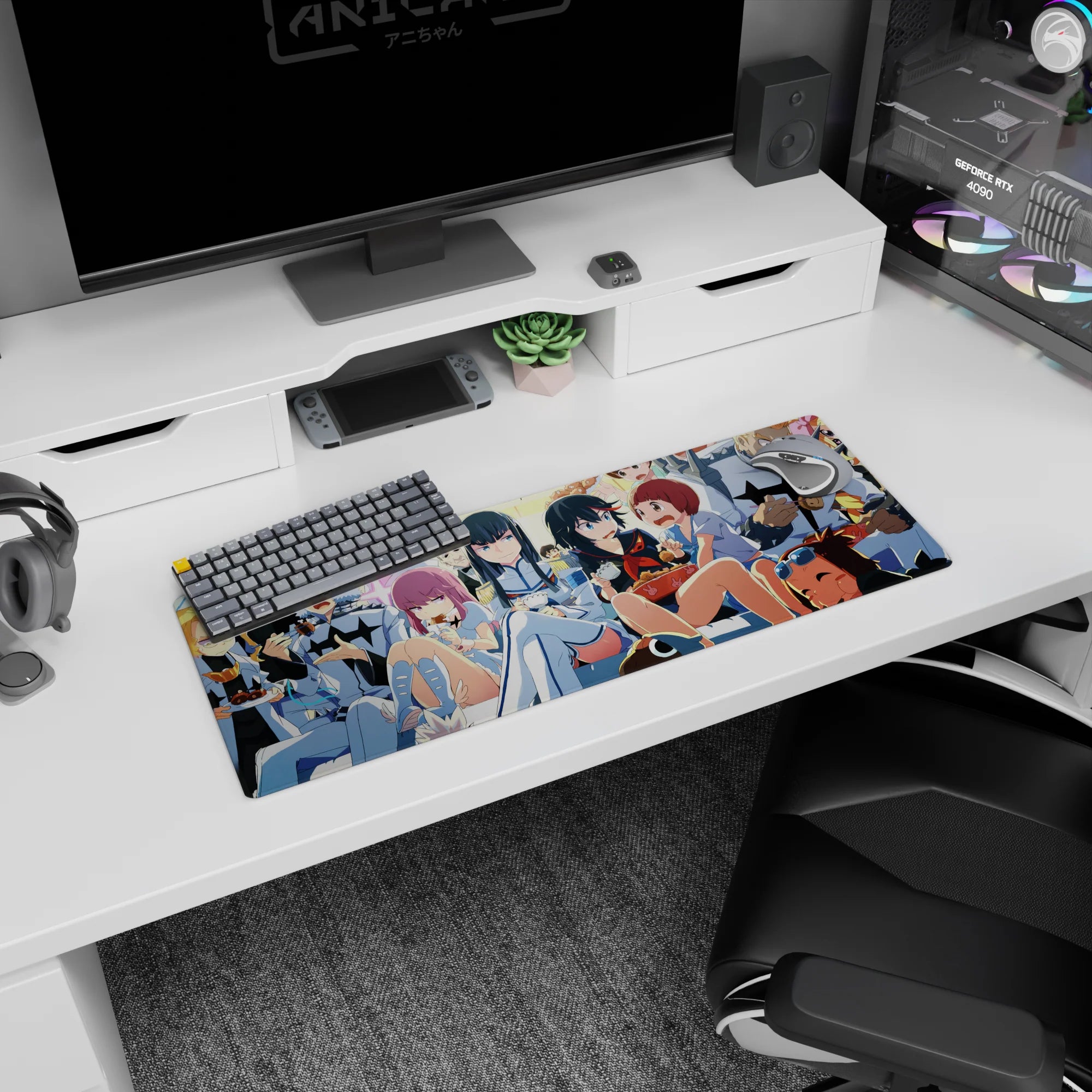 32x12 inches anime mouse pad showing sharp-eyed girl in white uniform as friends shove bowls and skewers in.