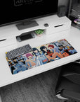 32x12 inches anime mouse pad showing sharp-eyed girl in white uniform as friends shove bowls and skewers in.
