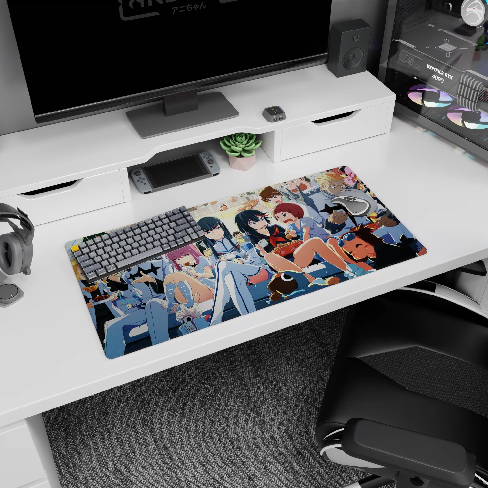 32x16 inches anime girl mouse pad featuring sharp-eyed girl in white uniform with red-scarf heroine crowding in.