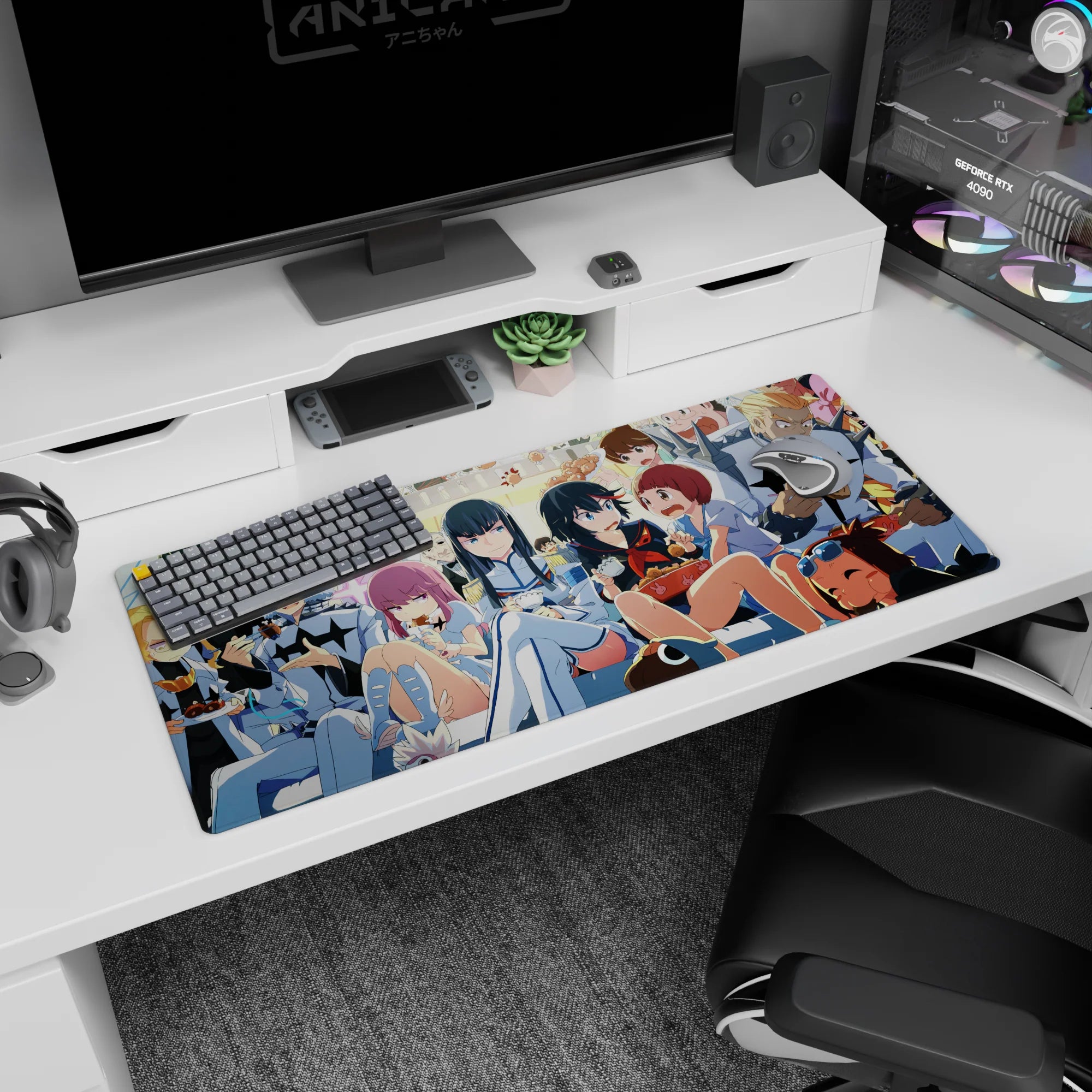36x16 inches anime desk pad with sharp-eyed girl in white uniform, red-scarf heroine crowding in.