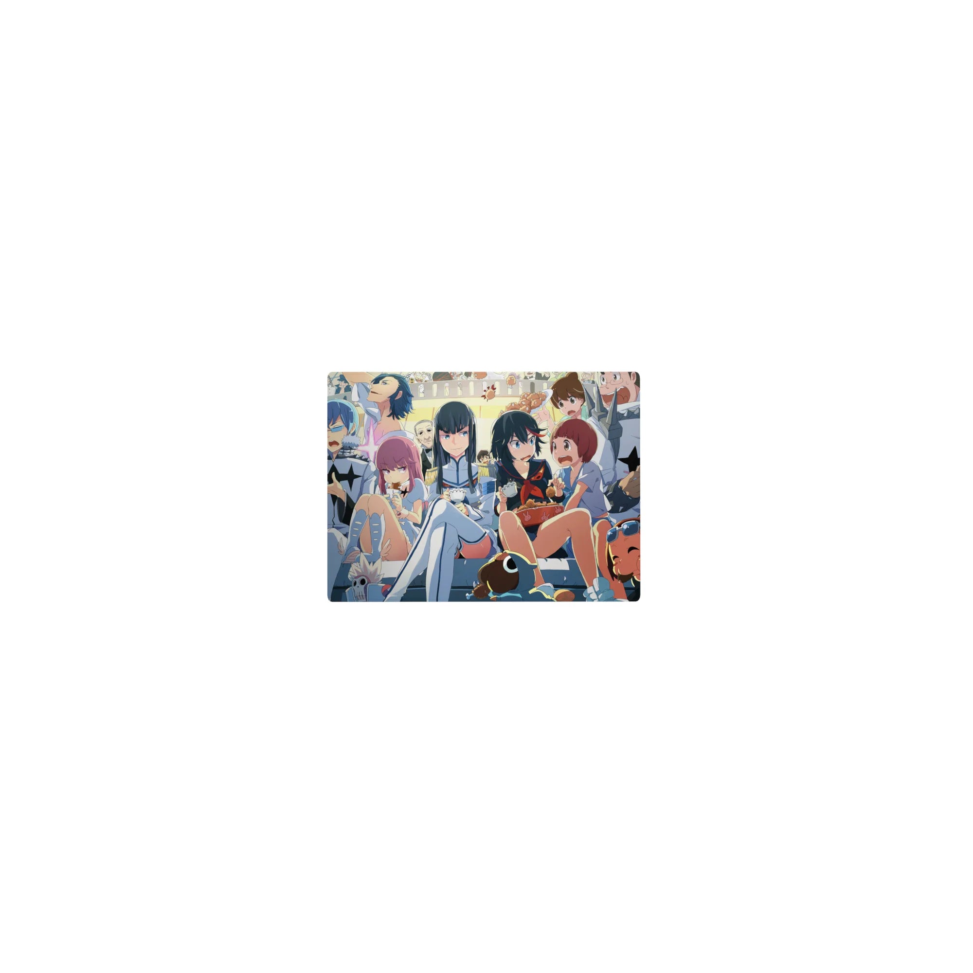 Classic anime girl mouse pad 14x10 inches with snack-time crowd, bowls, skewers, and cute doodle backdrop.