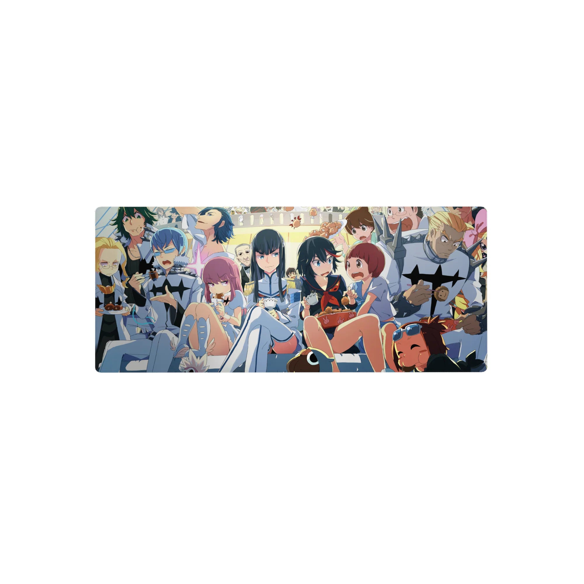 28x12 inches anime girl mouse pad with snack-party scene, uniforms, friends, mascots, and doodle wall.