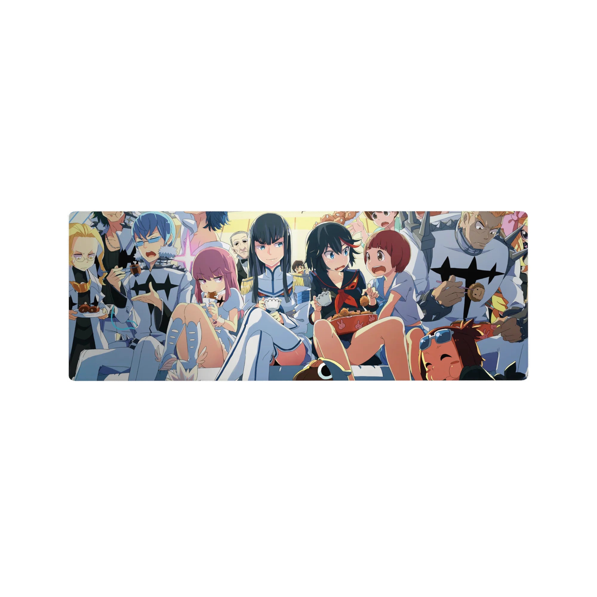 32x12 inches anime girl mouse pad with snack-time crowd, doodle mascots, and crisp white uniform center.