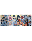 32x12 inches anime girl mouse pad with snack-time crowd, doodle mascots, and crisp white uniform center.